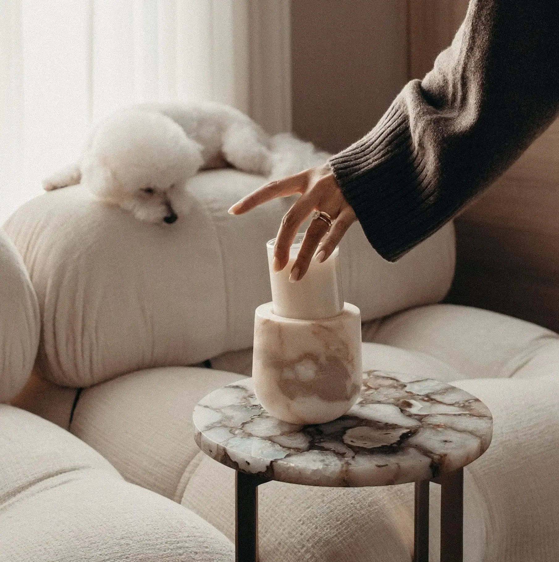 【Natural】D12x12CM Calacatta Gold Marble Empty Jar with Glass Cup Candlestick Candle Holder Storage Stone Vessel