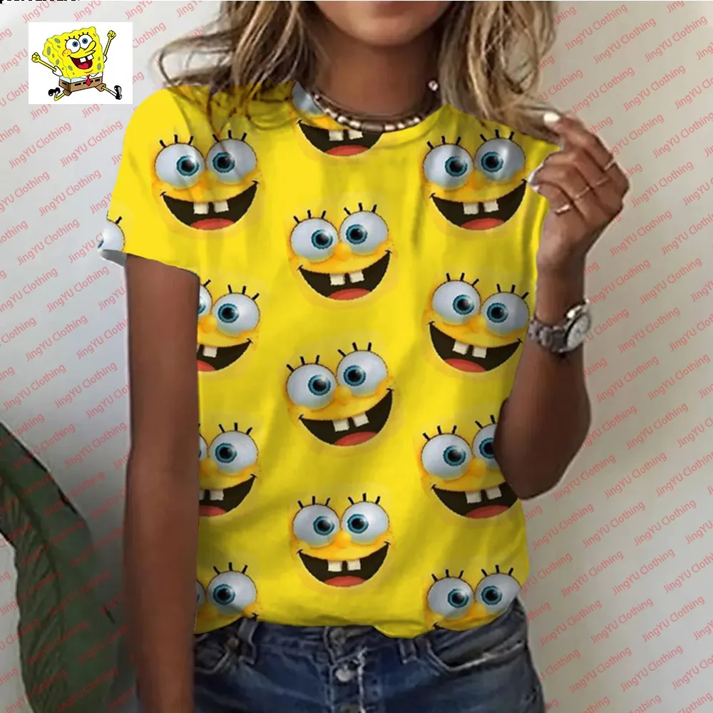 เสื้อยืดการ์ตูน SpongeBob 2024แฟชั่นใหม่ฤดูร้อนเสื้อยืดการ์ตูนน่ารักเสื้อยืดแขนสั้นของผู้หญิงสบายๆ