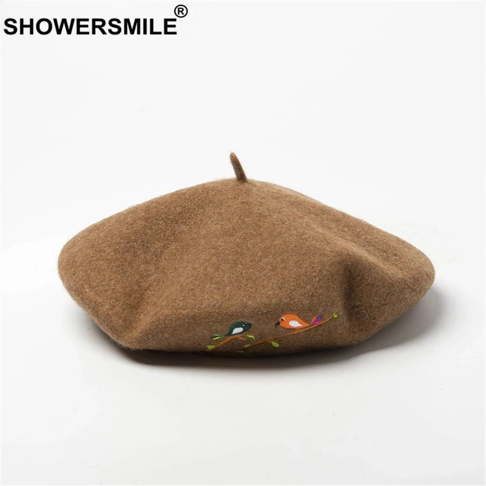 

Coffee Winter Hat Wool Gray Beret Hats for Women Bird Embroidery Female Vintage Designer Brand New High Quality French Beret