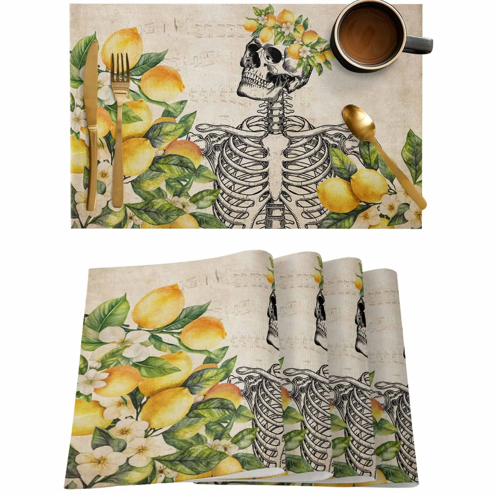

4/6 Pcs Country Lemon Skull Flower Placemat Wedding Party Dining Decor Linen Table Mat Kitchen Accessories