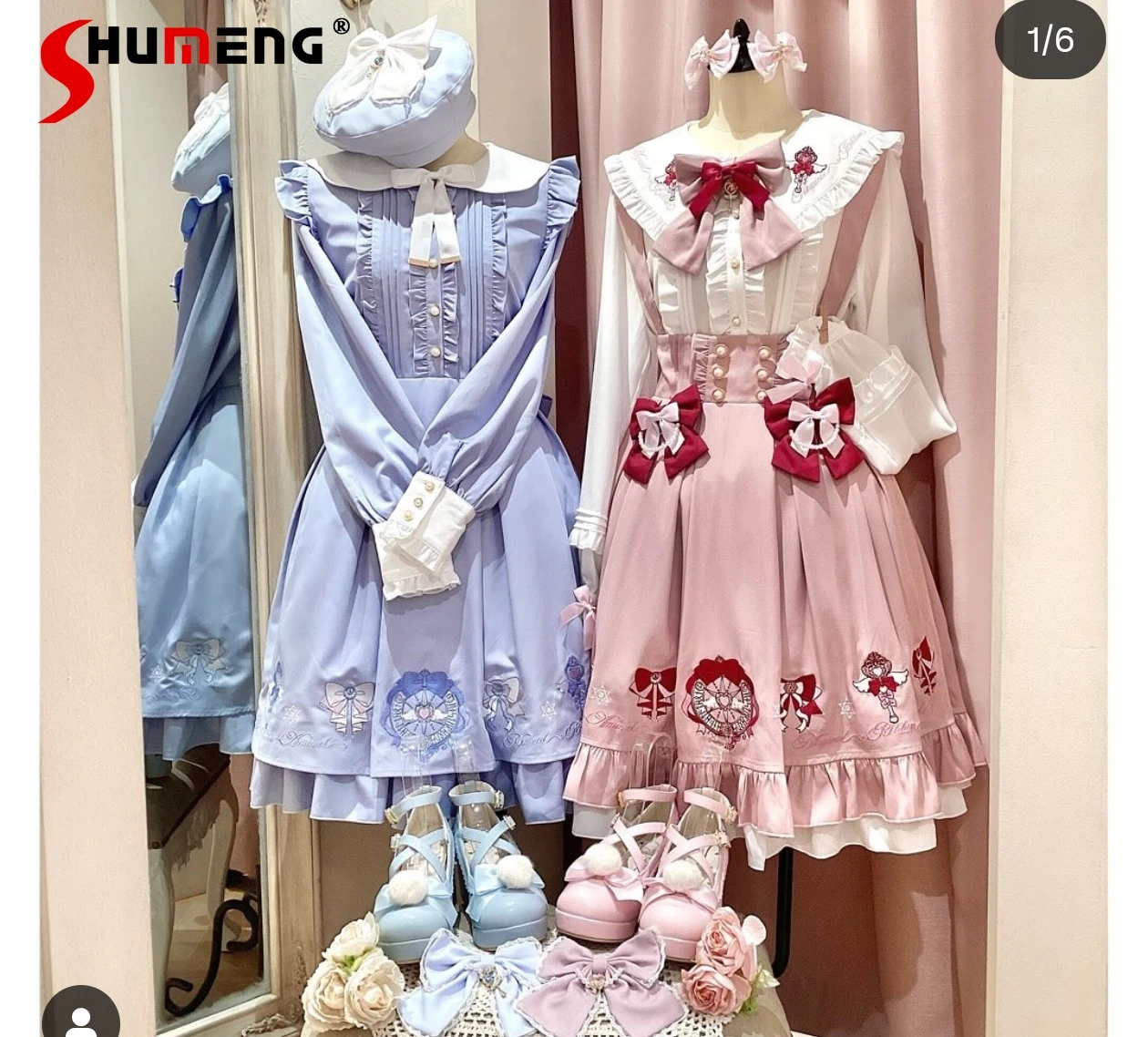 和菓子のような可愛さ、ロリータ風の大きなリボン付きドールカラーのショートドレス、女性用刺繍入り長袖シャツ、ハイウエストサスペンダースカートのセット