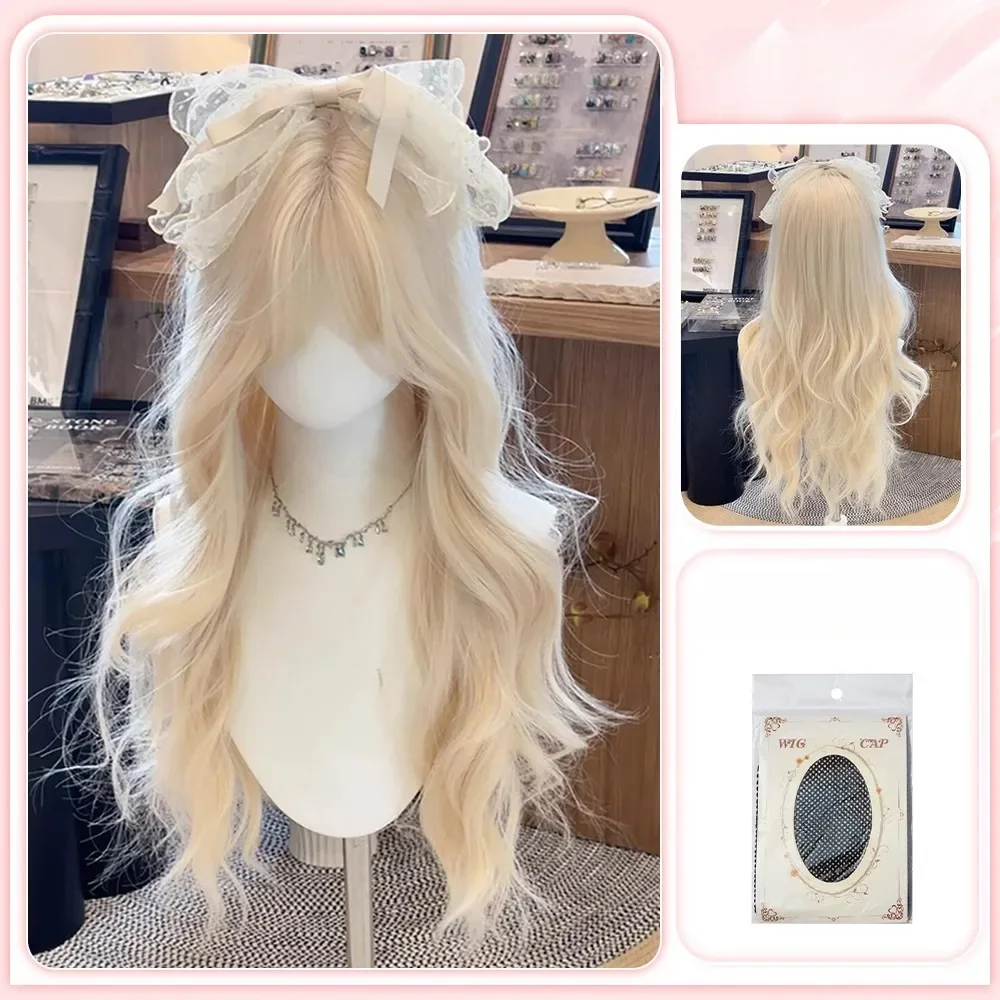Wig for Women Milky Blonde Lolita Big Wave Long Curly Hair Summer Thin Section Natural Synthetic Wig Blonde Wigs with Bangs 가발