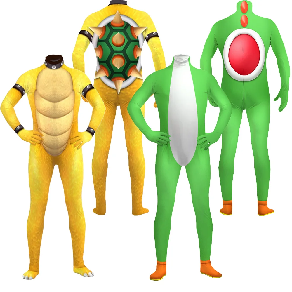 Volwassen Bowser Cosplay Yoshi Kostuum Mannen Vrouwen Fantasie Jumpsuit Spel Rollenspel Outfits Halloween Carnaval Vermomming Feestpak