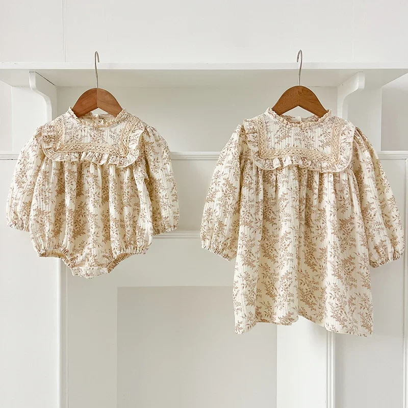 جديد الأخوات فستان الرضع طفل الفتيات الدانتيل طوق فستان السروال القصير الاطفال الفتيات خمر الزهور فستان الأميرة الملابس العائلية السروال القصير