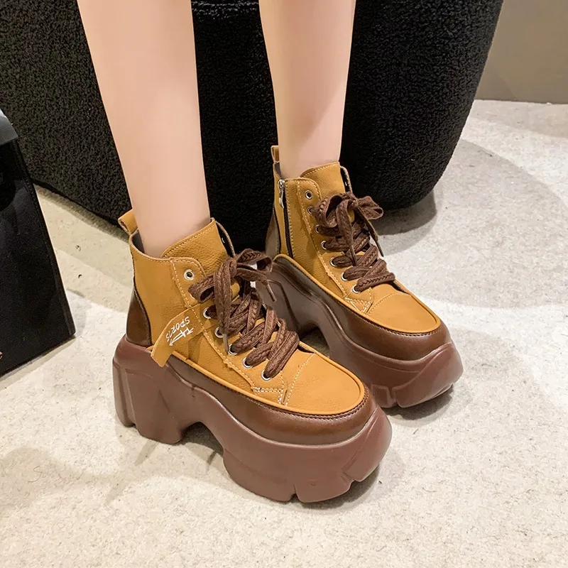 7CM Leather Platform Boots New Autumn Wedge Hidden Heels Women Casual Chunky Sneakers Winter Lace-up Walking Ankle Boots Woman