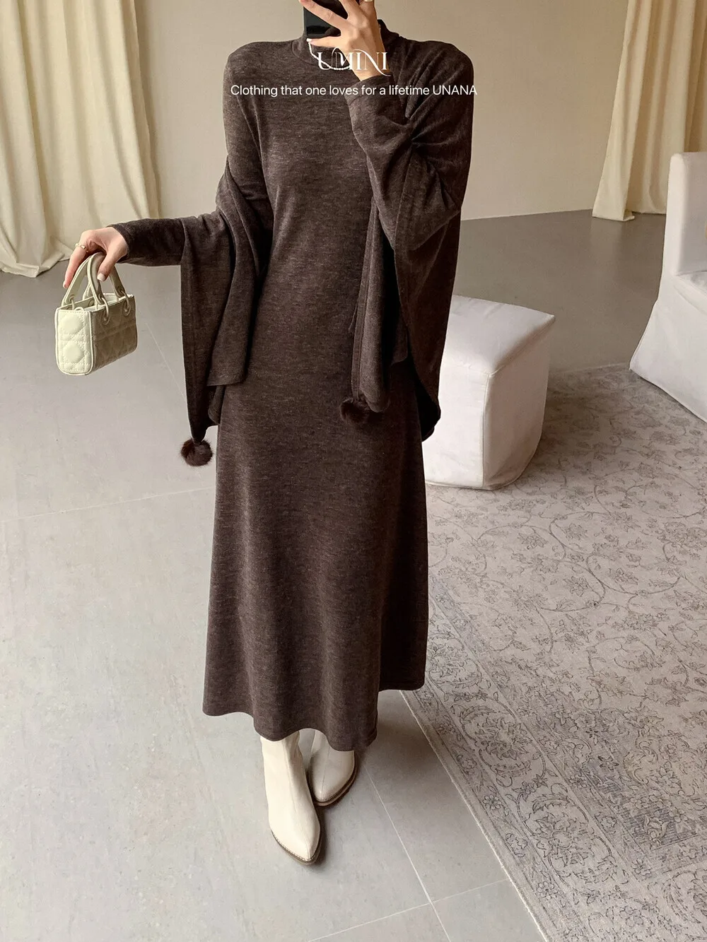 BJTZ Abito lavorato a maglia vintage da donna con pom pom design collo a scialle figura dimagrante lusinghiero manica lunga moda autunno inverno