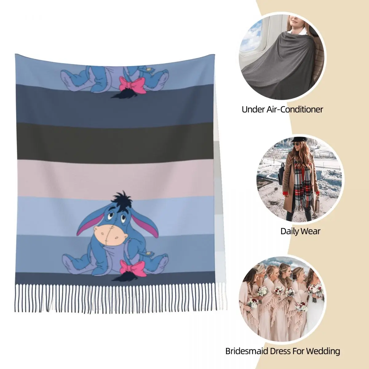 Bufanda con borlas para mujer Winnie The Pooh Eeyore Mantón largo y suave y cálido para regalos Bufanda de cachemira
