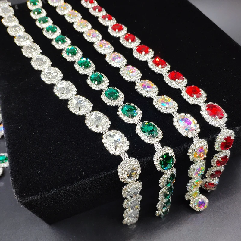 Qing Family Mixed Color Oval Glass Crystal Rhinestone Cup Chain Sew On Wedding Dress Belt Clothes Shoes Bags Trim DIY Accessorie