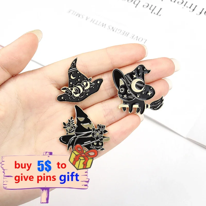 3-6pcs/Set Gothic Space Punk Enamel Pin Custom Witch Cat Raven Moth Brooch Lapel Pin Badge Halloween Jewelry Gifts Wholesale