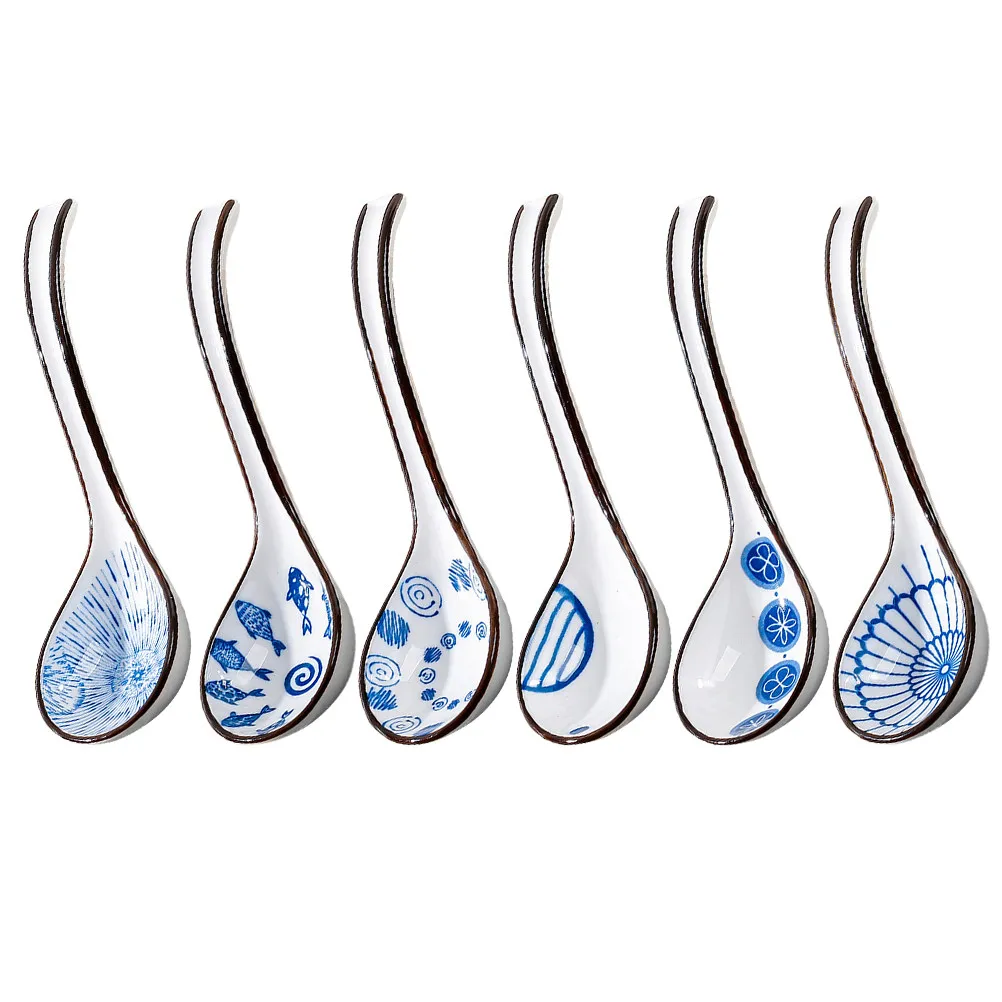 6Pcs Blue and White Ceramic Soup Spoon Artistic Chinese Design Safe Healthy Ceramic Material Large Capacity Rice Paddle Ladle