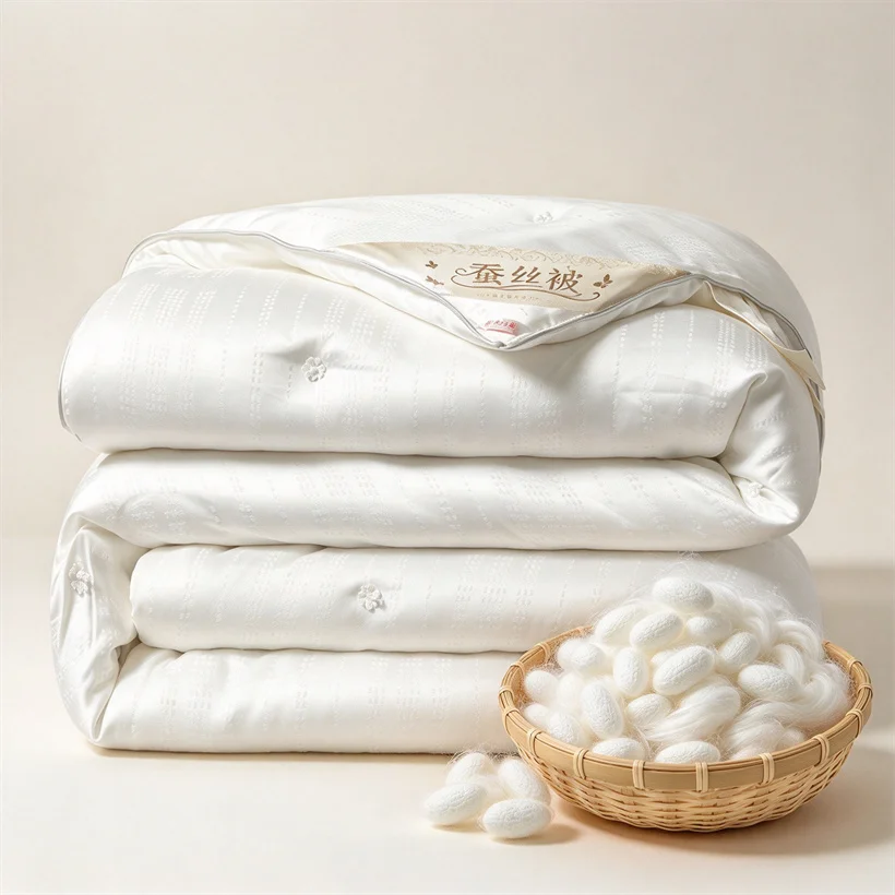 100% Real Mulberry Silk Duvet, Long-strand Silk Filling, Jacquard Cotton Cover Silk Comforter, Soft Bed Quilt for All Seasons