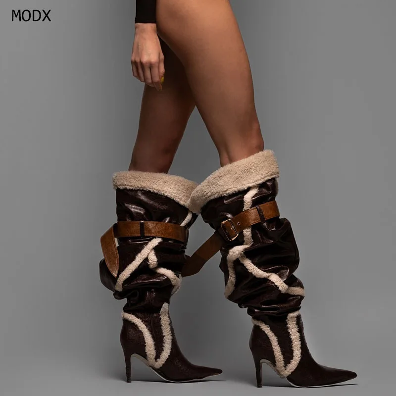 

2026 Women Fur Belt Buckles Knee High Boots Retro Leather Slip-On Pointed Toe Fashion Luxury Elegant Women Shoes Newest 44
