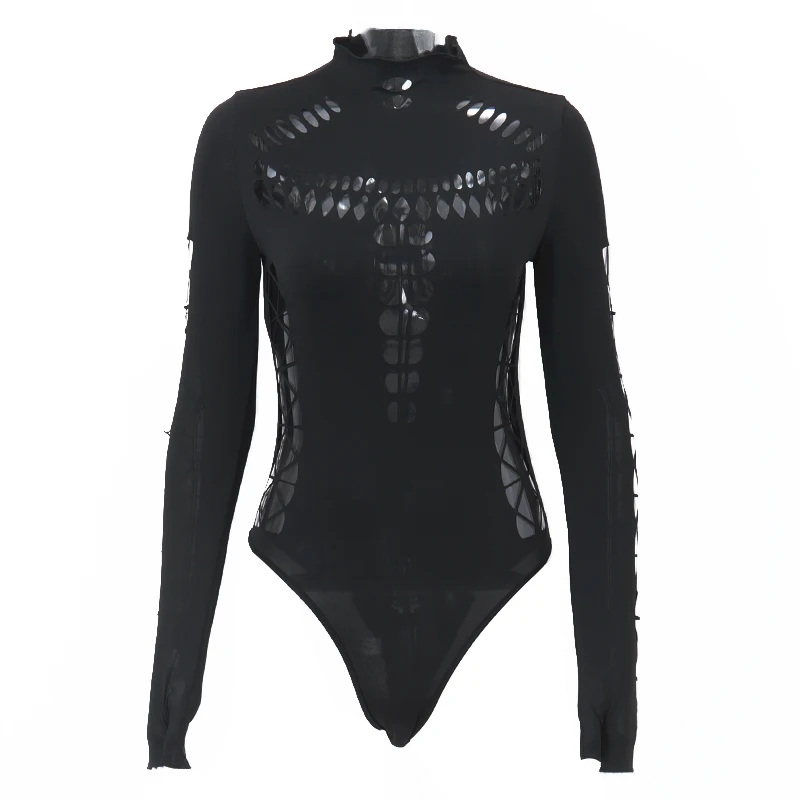 Sexy Slim Fit Long Sve  Suit Hollow out Stand Collar for Women Bla High Street Sle High Waist ort Pants