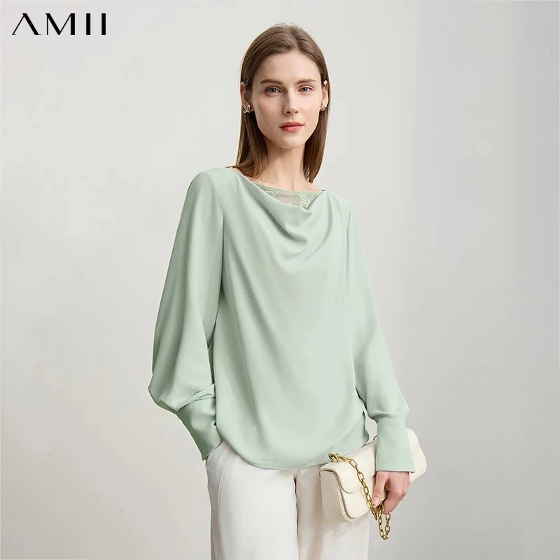 Amii Women's Autumn Blouse 2026 New Commuter Lace Swinging Neck Chiffon Elegant Ladies Blouses Loose Long-sleeved Top 12611012