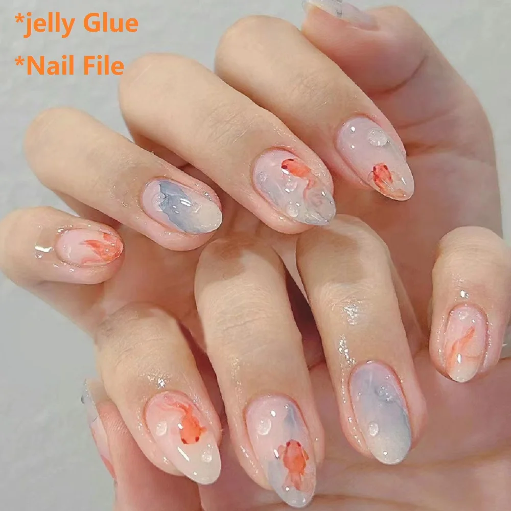 

24pcs Ins Simple False Nails Goldfish Pattern Almond Fake Nail Wearable Detachable Simple Nude Pink Press On Nails Manicure Set