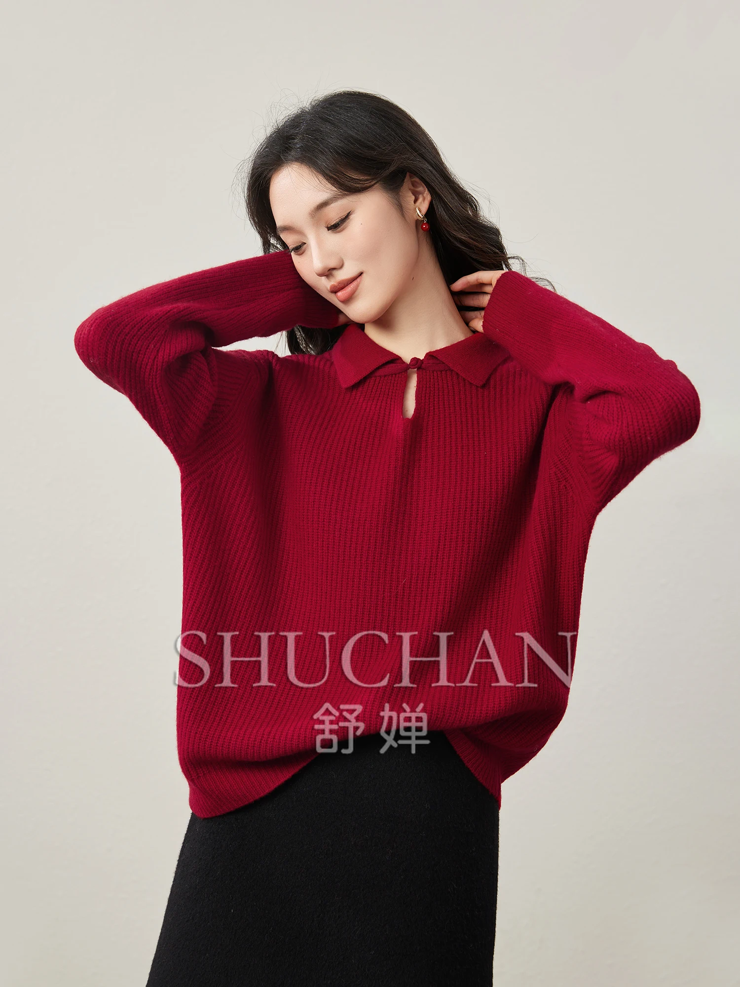 

Elegant New Chinese 100% Wool Knitted Sweater Women Pull Femme Sueter Mujer Invierno 2024 Red Long Sleeve Top