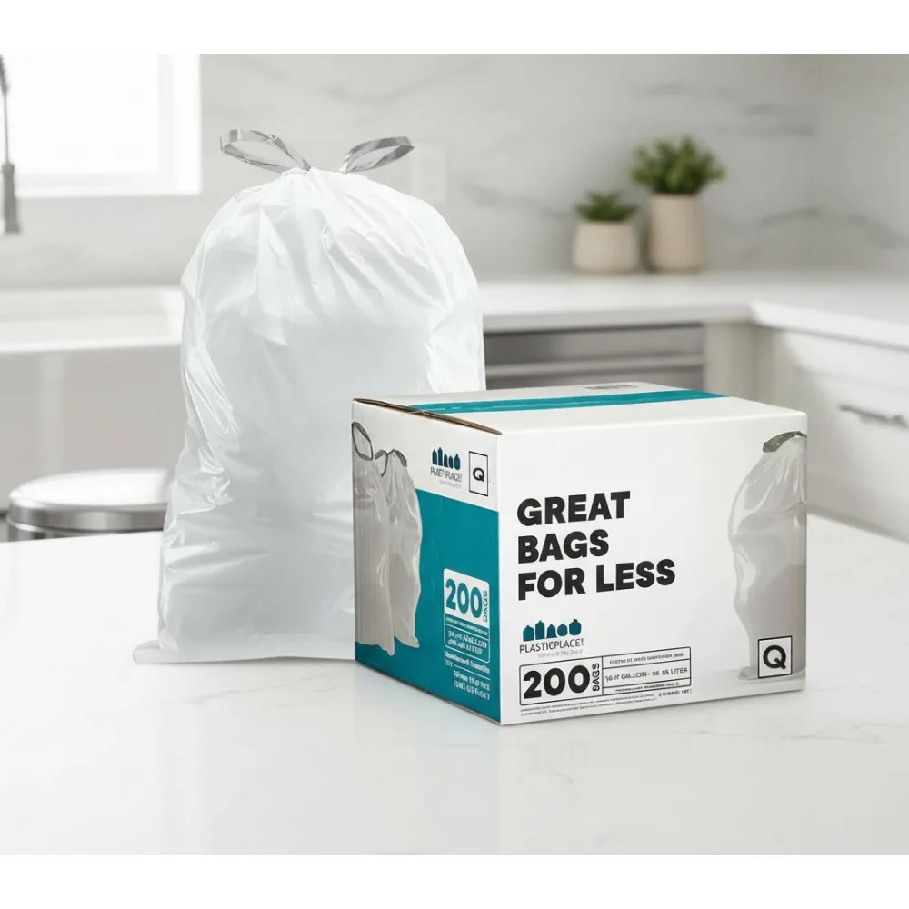 

13-17 Gallon Drawstring Trash Bags, 200 Count White Tear-Resistant Garbage Bags for Kitchen Recycling Cans