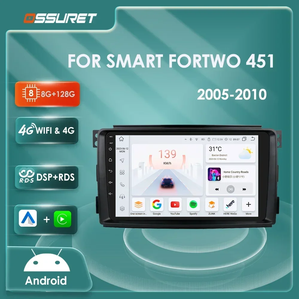 

Android Auto автомобильный радиоприемник GPS стерео для Smart Fortwo 451 2005-2010 мультимедийный плеер 4G авторадио 7862 Carplay 2din QLED экран FM