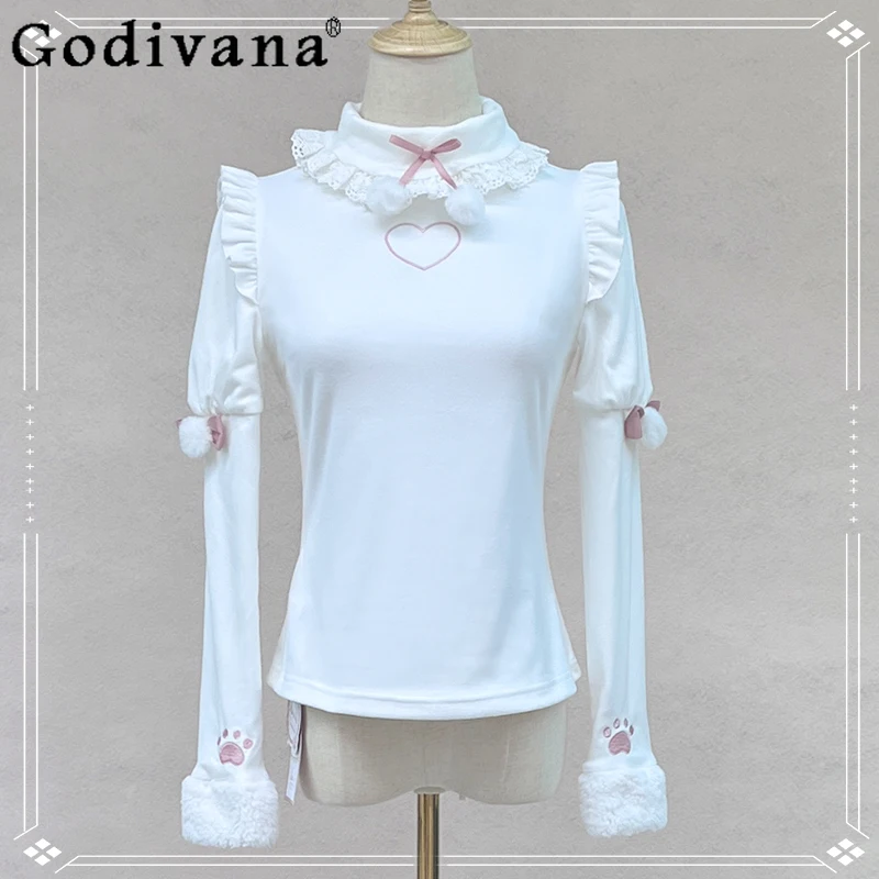 White Lolita Long Sleeve Shirt Women's Warm Thickened Bow Lace Sweet Cute Blouses Japanese Original Bottom Tops Autumn Winter