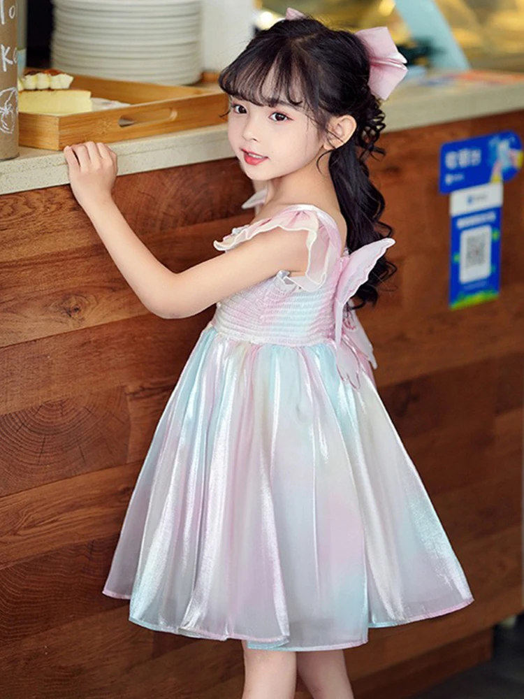 Gradient RainbowTulle Sling Dress Butterfly Decoration Vestido Summer Children Girs Princess Christmas Birthday Party Dress New