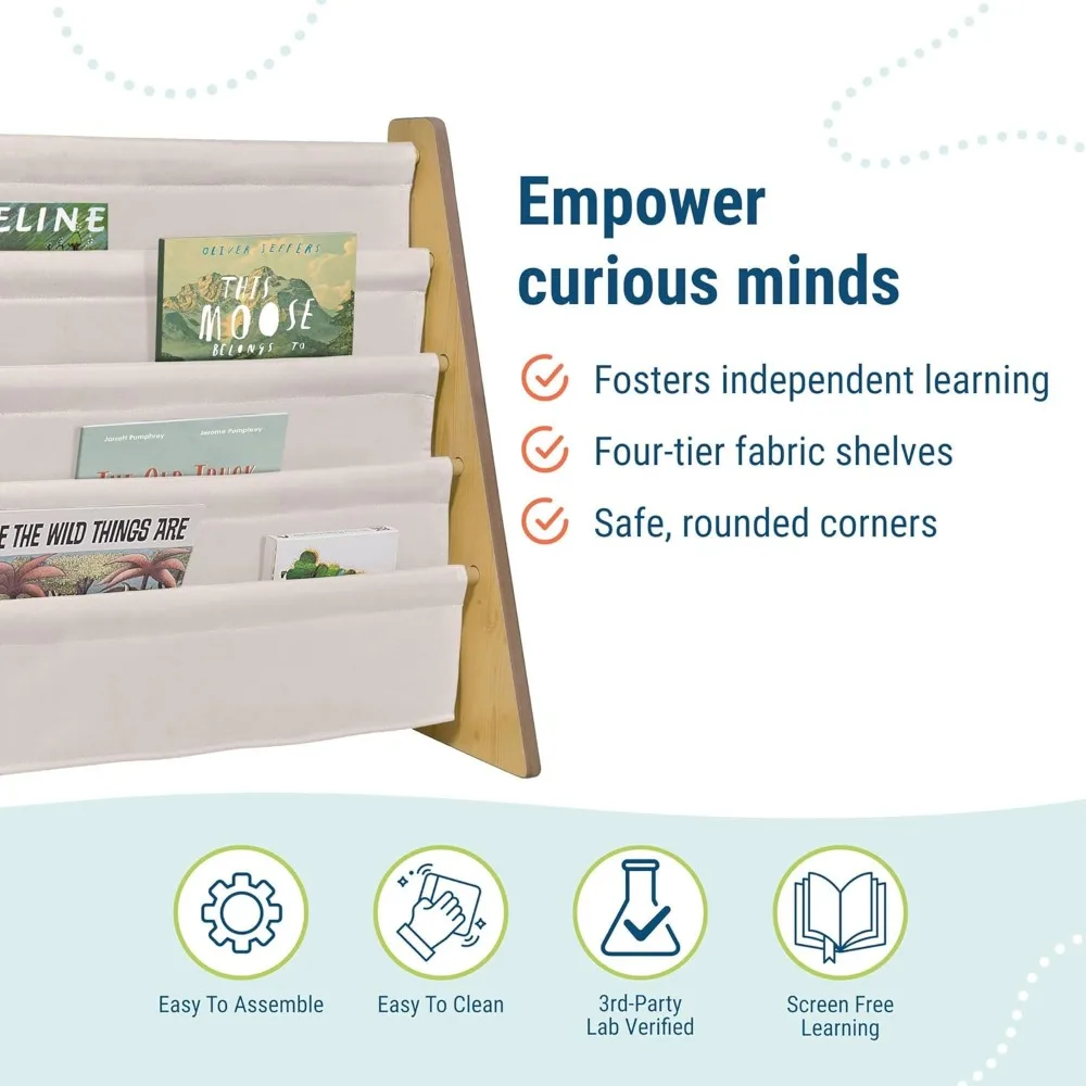 Kids Wooden Sling Bookshelf with 4 Canvas Shelves - Compact Organizer for Bedroom or Classroom