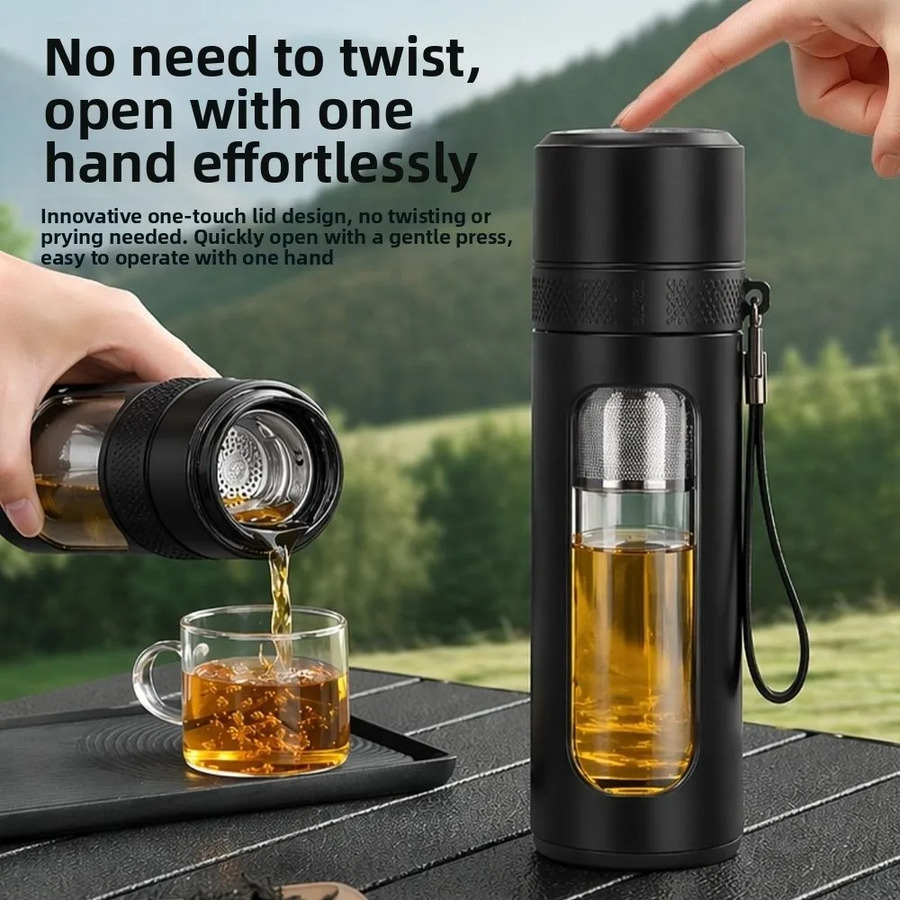 Anti-Scald Glass Water Bottle Leak-proof One Click Opening Infuser Tumbler Large Capacity with Tea Filter Tea Separation Cup