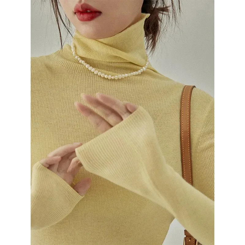 Women Turtleneck Soft Knit Top Slim Fit Long Sleeve Thin Base Layer Sweater For Autumn Daily Wear