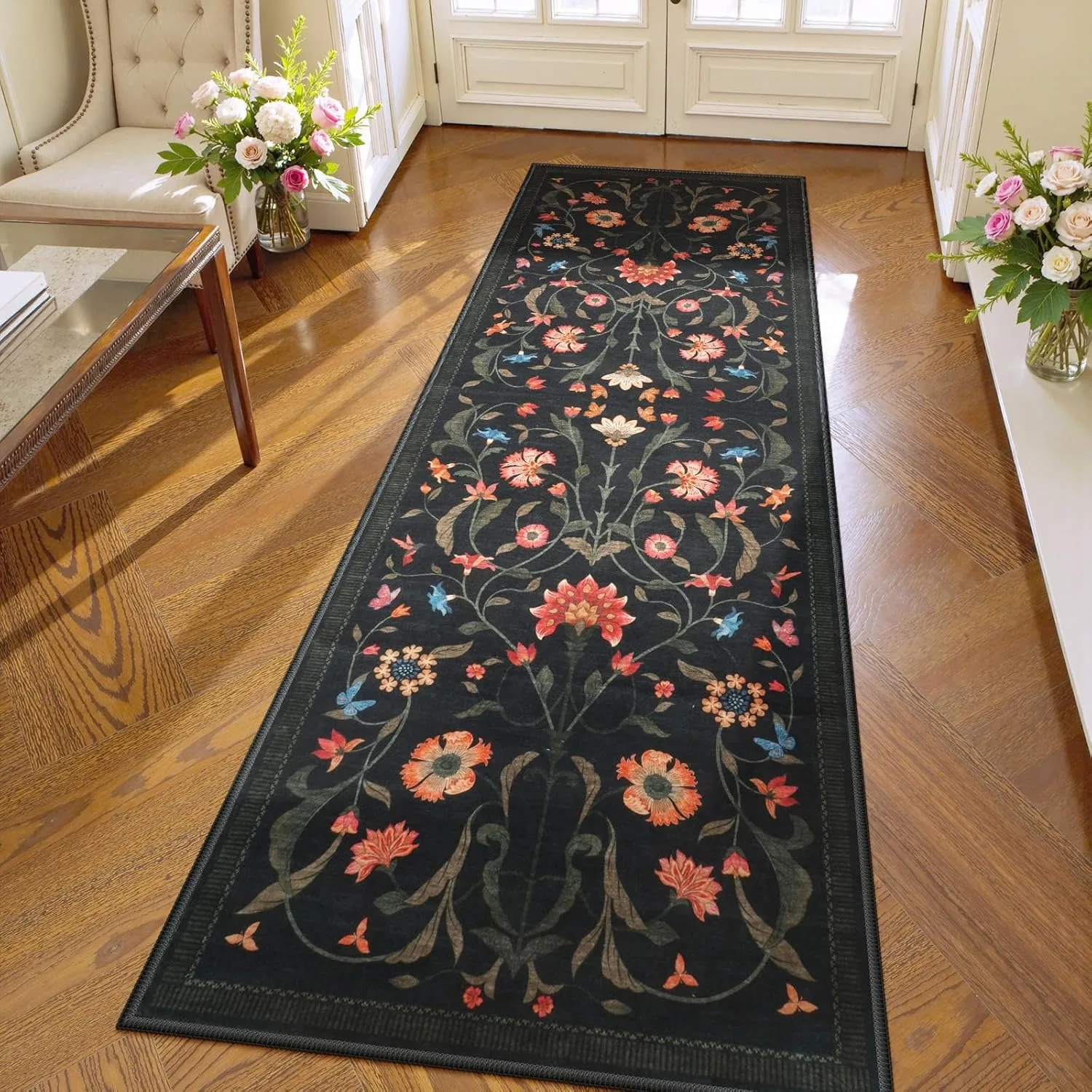 

Runner Rug Corridor Carpet Bedside Bedroom Bohemian Style Flowers Mat Hallway Rugs Foldable Machine Washable Home Decoration