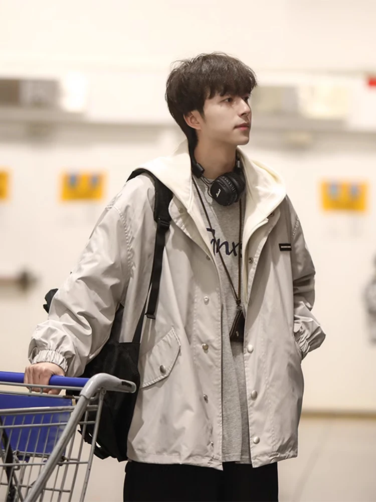 

Мужская толстовка оверсайз с капюшоном, весенне-осенняя, в американском рабочем стиле, имитация двухслойности, повседневная, модная, брендовая