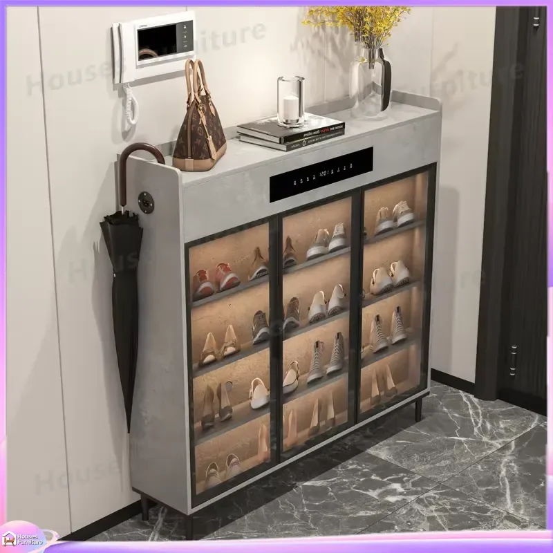 Wooden Shoe Rack Cabinet with LED Light and Human Body Sensor Smart Entryway Storage Organizer for Shoes Home Hallway