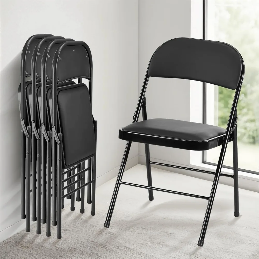 

Folding Chairs 4 Pack with Vinyl-Padded Cushion and Back, Sturdy Metal Steel Foldable Chair, Portable Stackable Comm