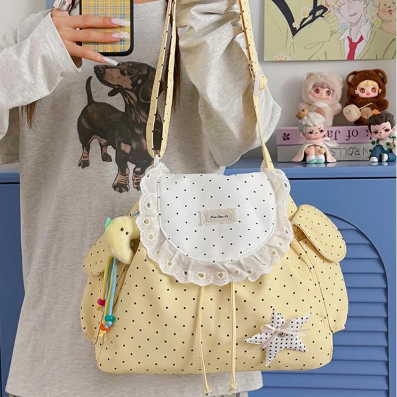 Korean Sweet Lace Trim Polka Dot Shoulder Bag Women Cute Drawstring Flap Crossbody Bag Urban Minimalist Commuter Underarm Bags