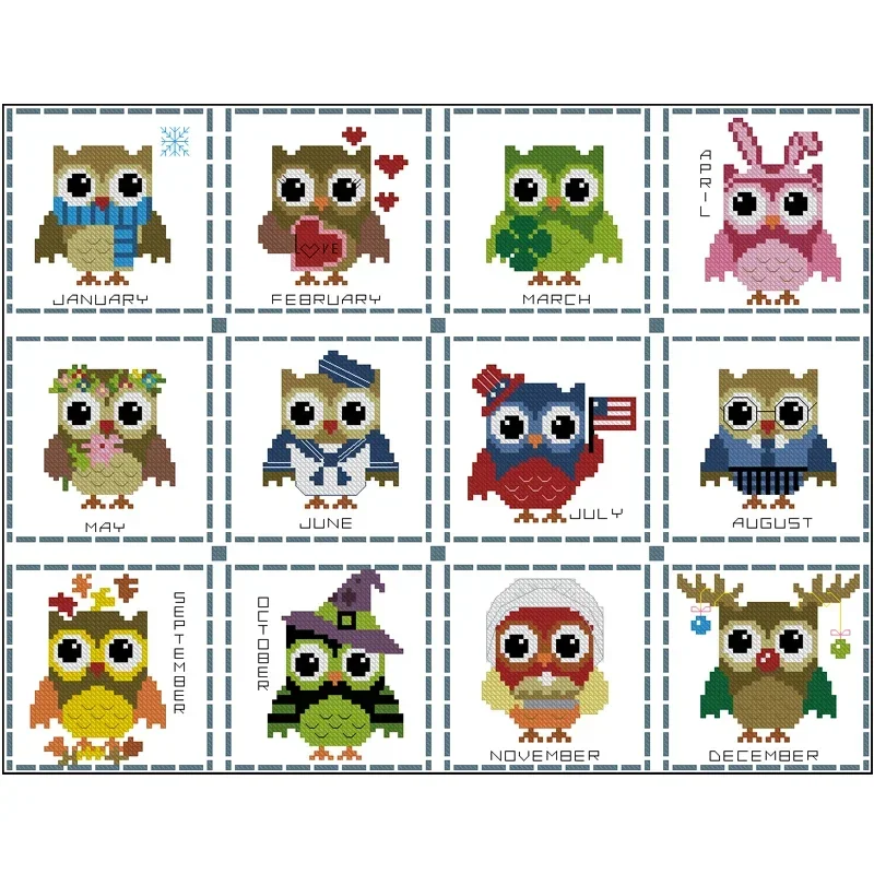 Amishop Gold Collection Lovely Counted Cross Stitch Kit Hootie Monthly Calendar Hooties Funky Owls And Months Year Round