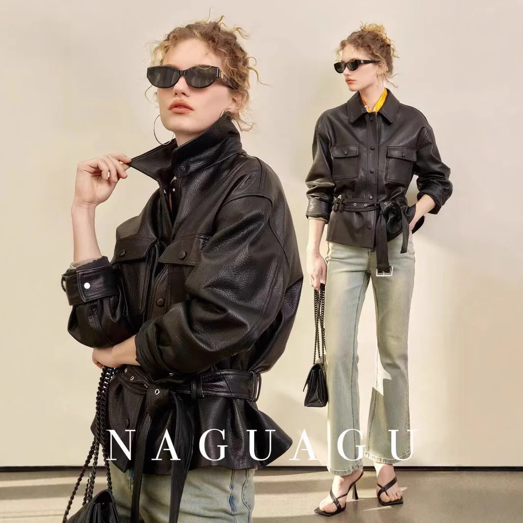 

Casual lapel shirt-style leather with belt short coat women's foam sheep leather