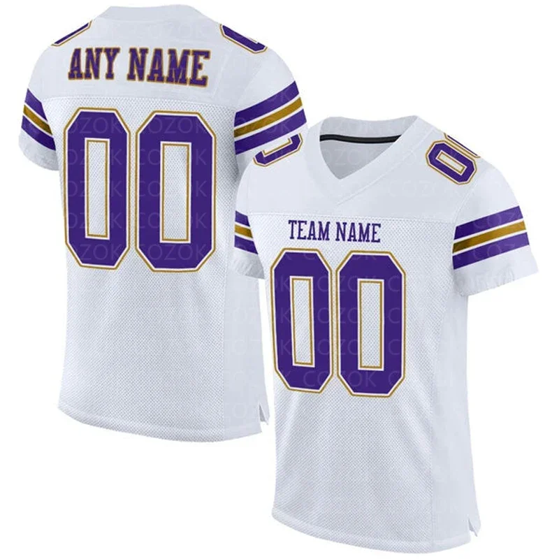 

White Purple Customized Football Jersey for Men Football Short Sleeves Athletic Tee Shirts