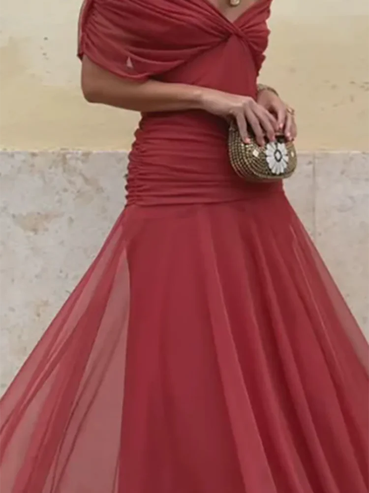 캐주얼 숄 슬리브 하이웨이스트 플리츠 드레스 여름 신상 여성 메쉬 연회복 섹시 V넥 오프숄더 플로럴 프린트 드레스