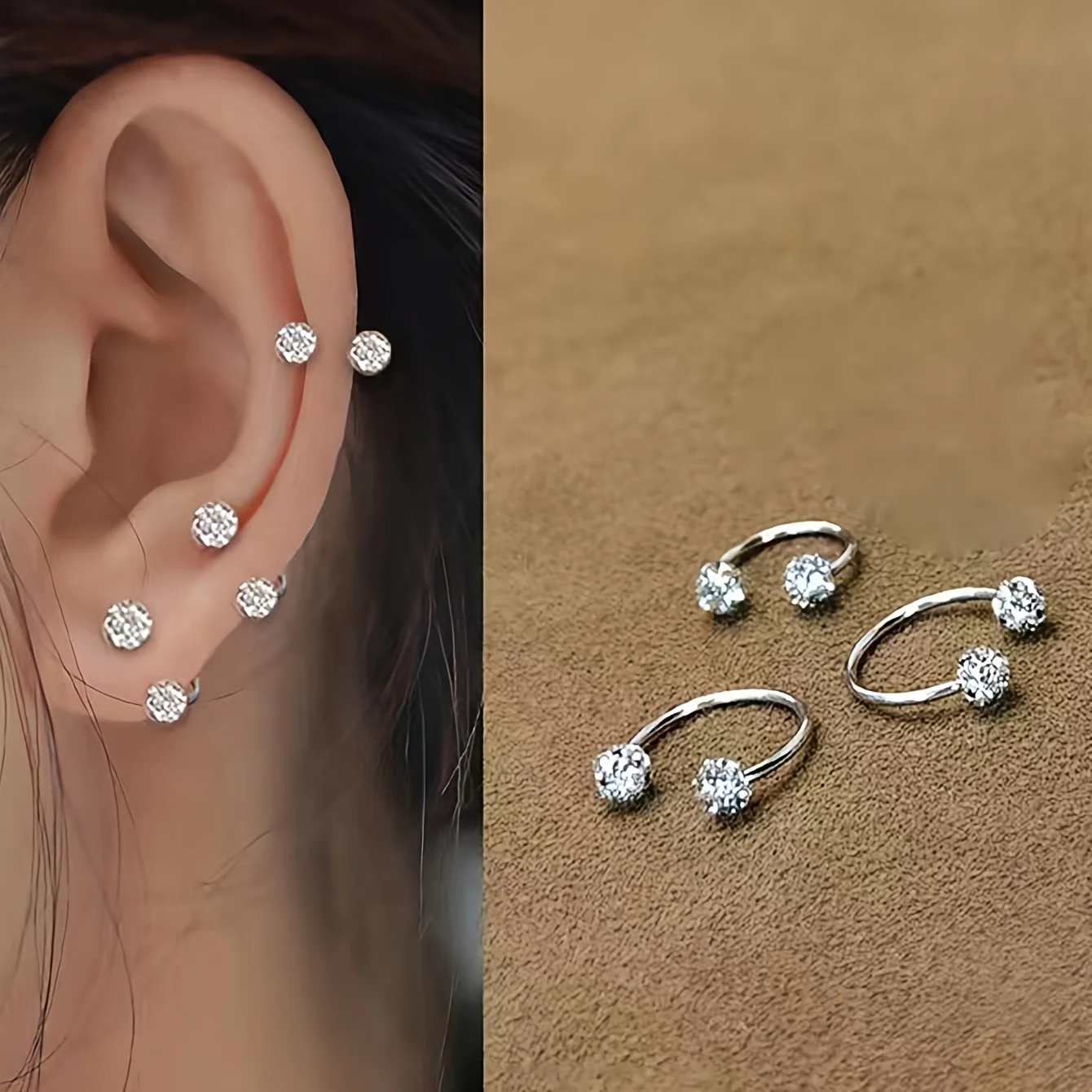 3pcs Fashion Stainless Steel C-shaped Crystal Drill Ball Screw Earrings Bone Ear Studs Set for Women Piercing Jewelry 8/10/12mm