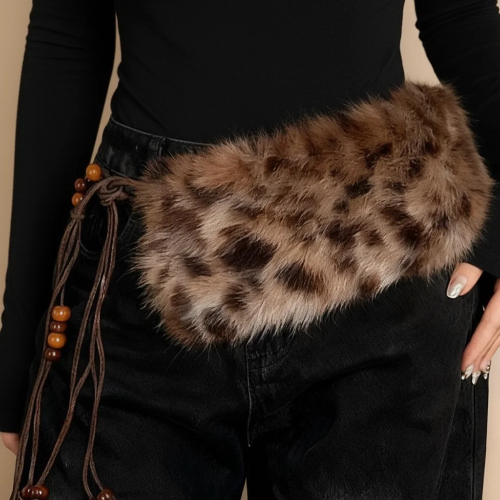 

Y2k деревянный шарф с меховым воротником из бисера, леопардовый пушистый пояс, винтажный пояс в готическом стиле, модный милый пояс с воротником, аксессуар