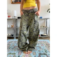 ZHIZOU Women's Leopard Rivet Pants Jeans Y2K American High Street Harajuku Loose Wide Leg Long Jeans Cargo Clothing Autumn 2026