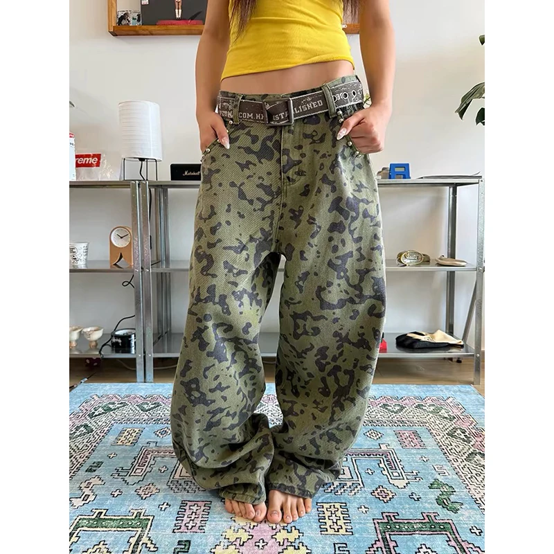 ZHIZOU Women's Leopard Rivet Pants Jeans Y2K American High Street Harajuku Loose Wide Leg Long Jeans Cargo Clothing Autumn 2026