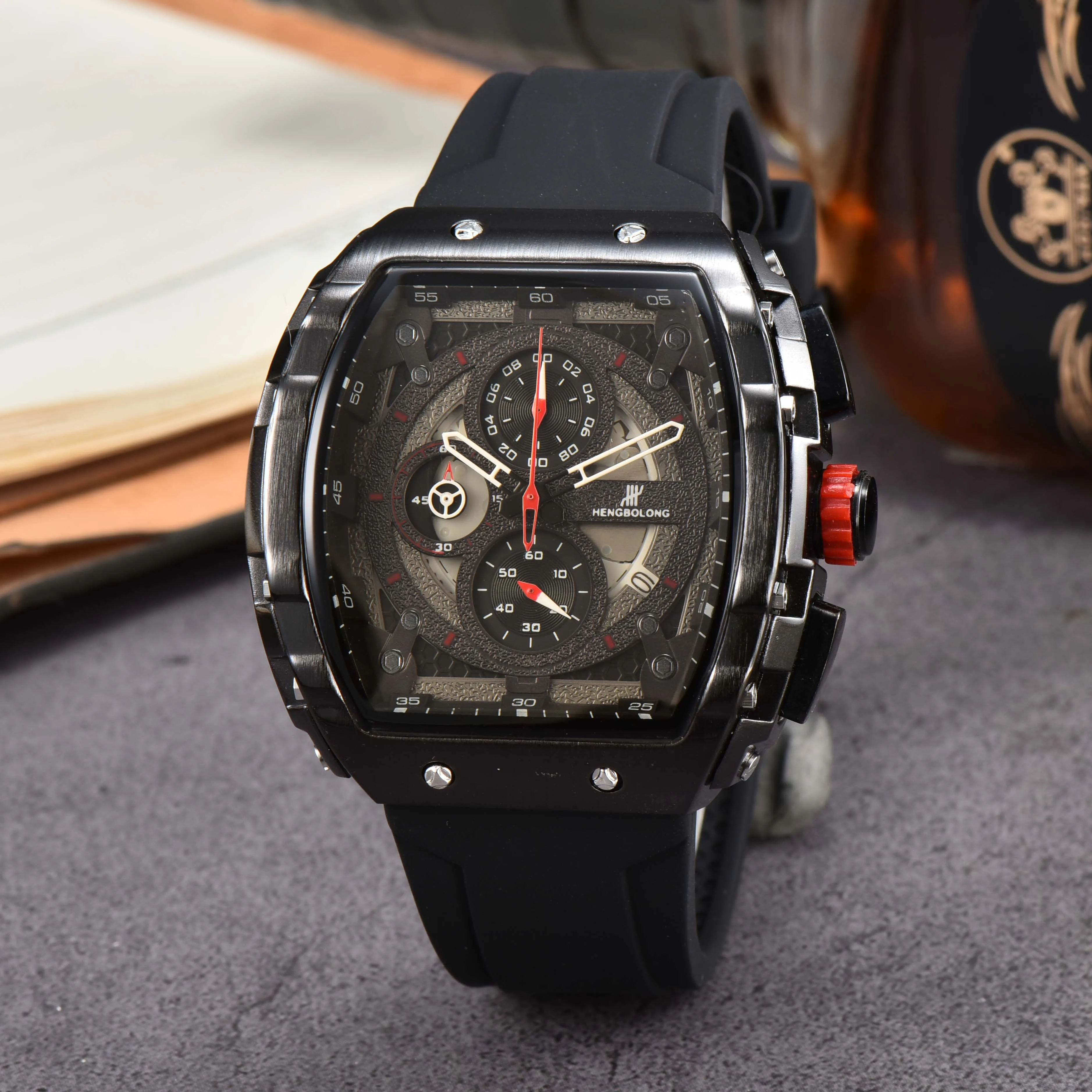 

Wholesale New Fashion HENGBOLONG Richard Men's Multifunctional Six-pin Wine Barrel Watch Luxury Quartz Business Watch