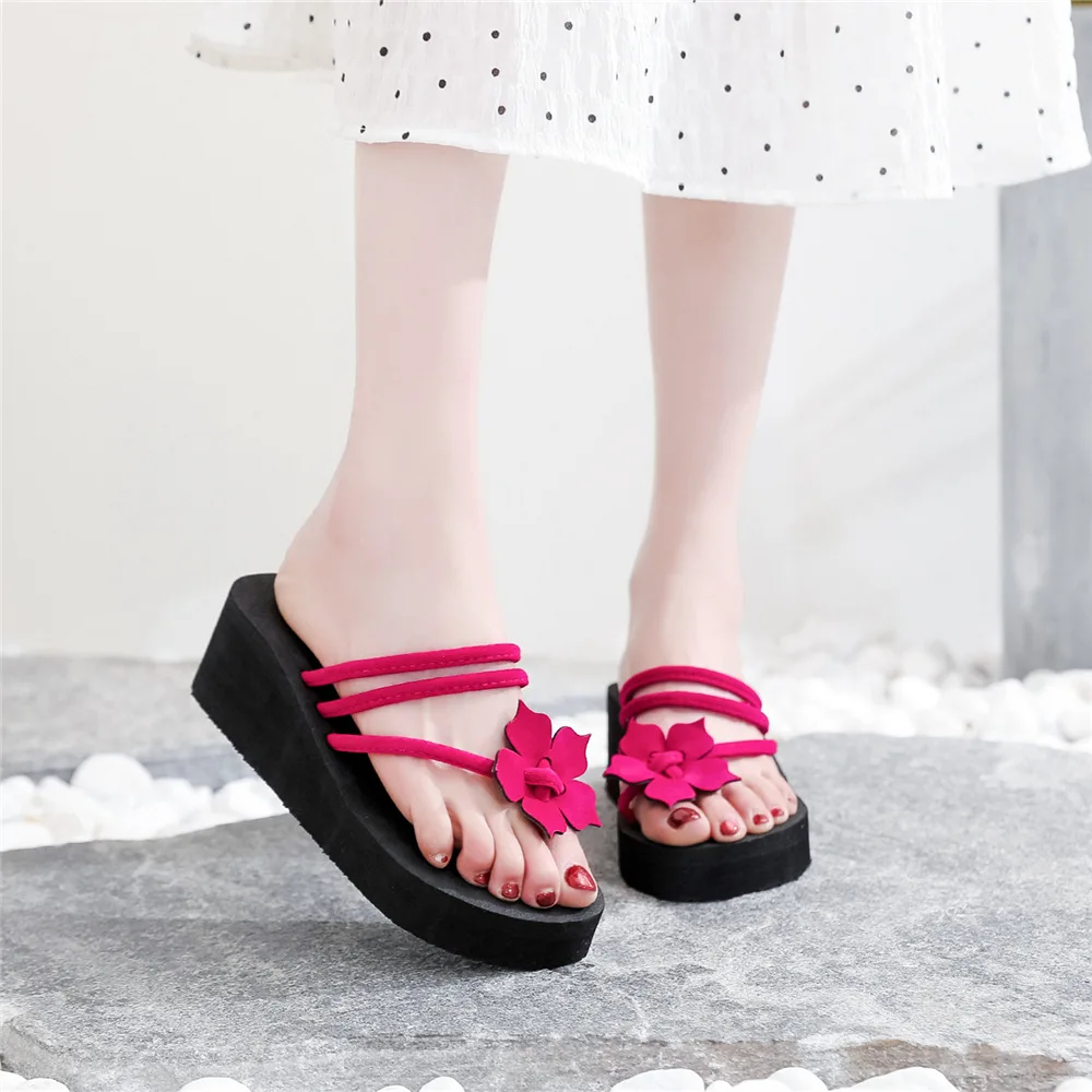 Summer Flip Flops Women Fashion Sandals Shoes Beach Slippers Flower Wedges 6cm High Heels Ladies Solid Casual Outdoor Slides