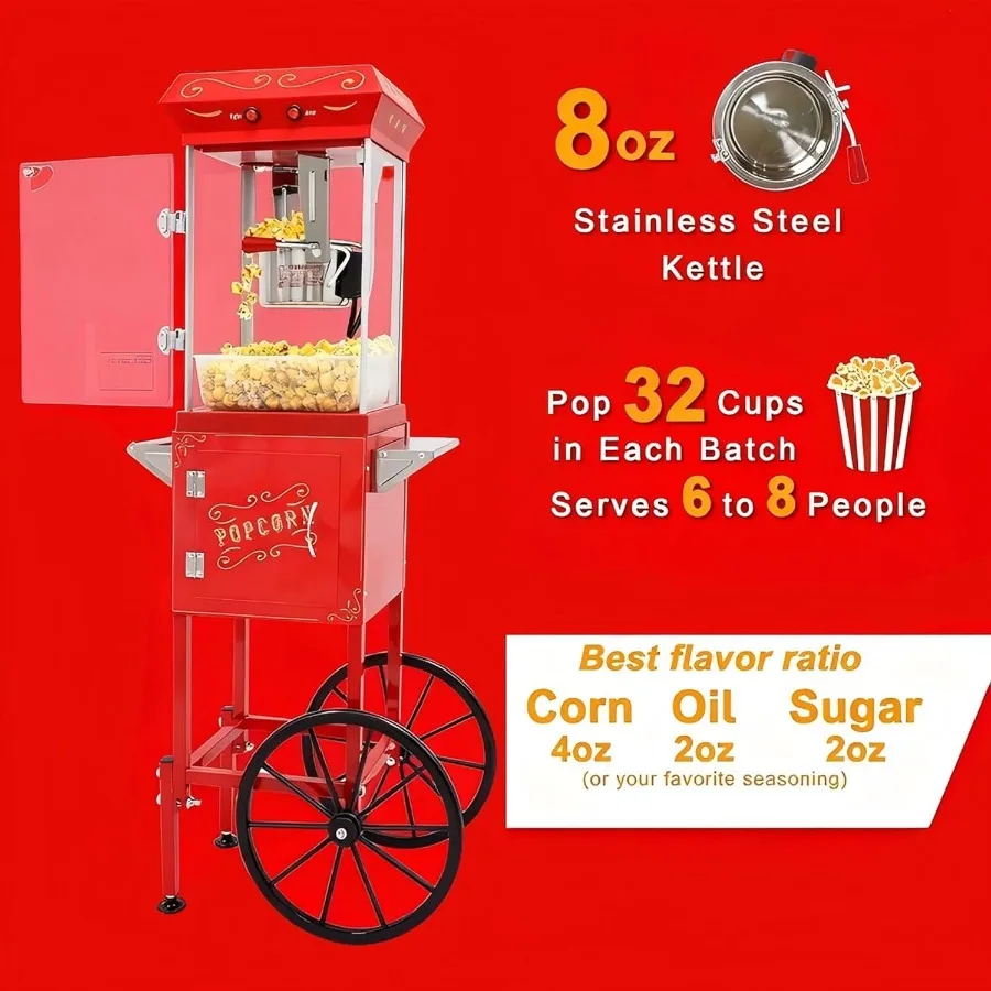 آلة صنع الفشار مع عجلات العربة 8 أوقية الفولاذ المقاوم للصدأ غلاية ماكينة صنع الفشار للمنزل مسرح نمط الحفلات عيد الميلاد سيلي #4