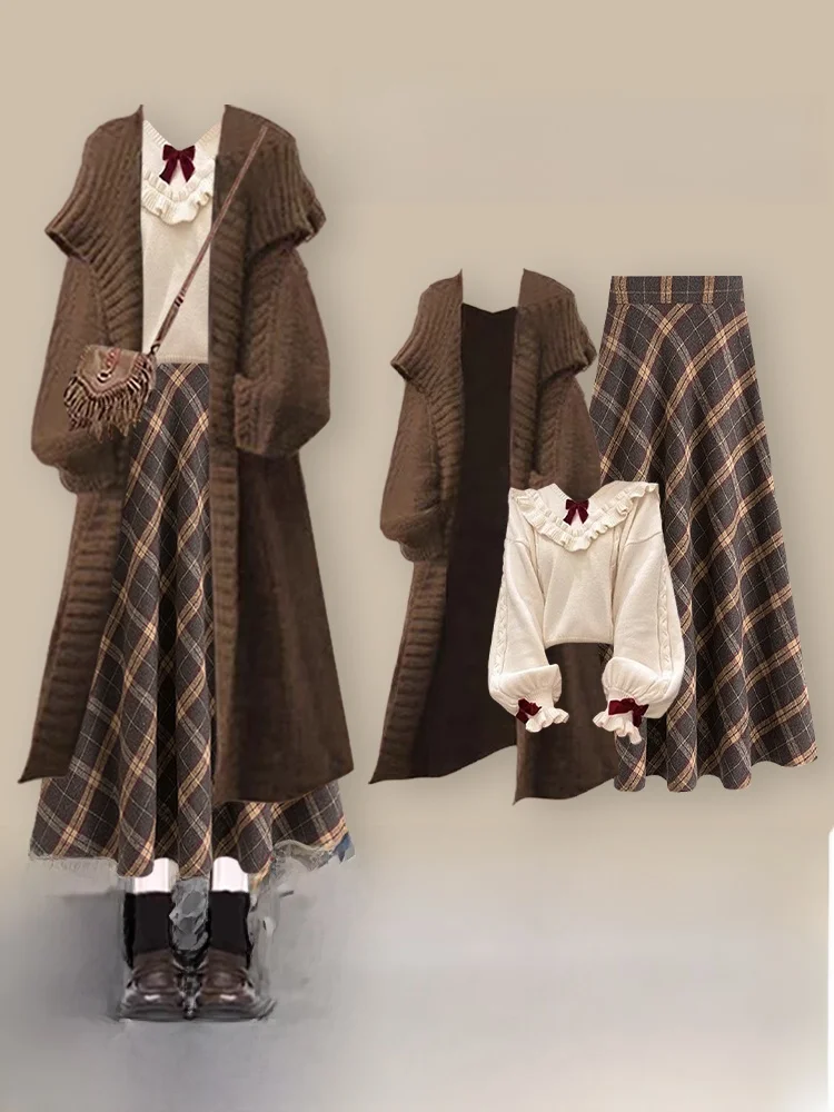 

Winter Vintage Knitted Set Women's Faionable Cardigan Outerwear with Plaid Skirt Tee-piece Ensemble Regular Fit Kore...