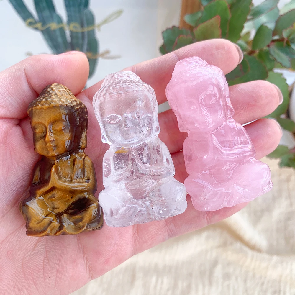 Cute Hand Carved Figurines Natural Healing Crystal Baby Buddha Carving Crafts Rose Quartz Buddhist Sculpture Home Lucky Decor