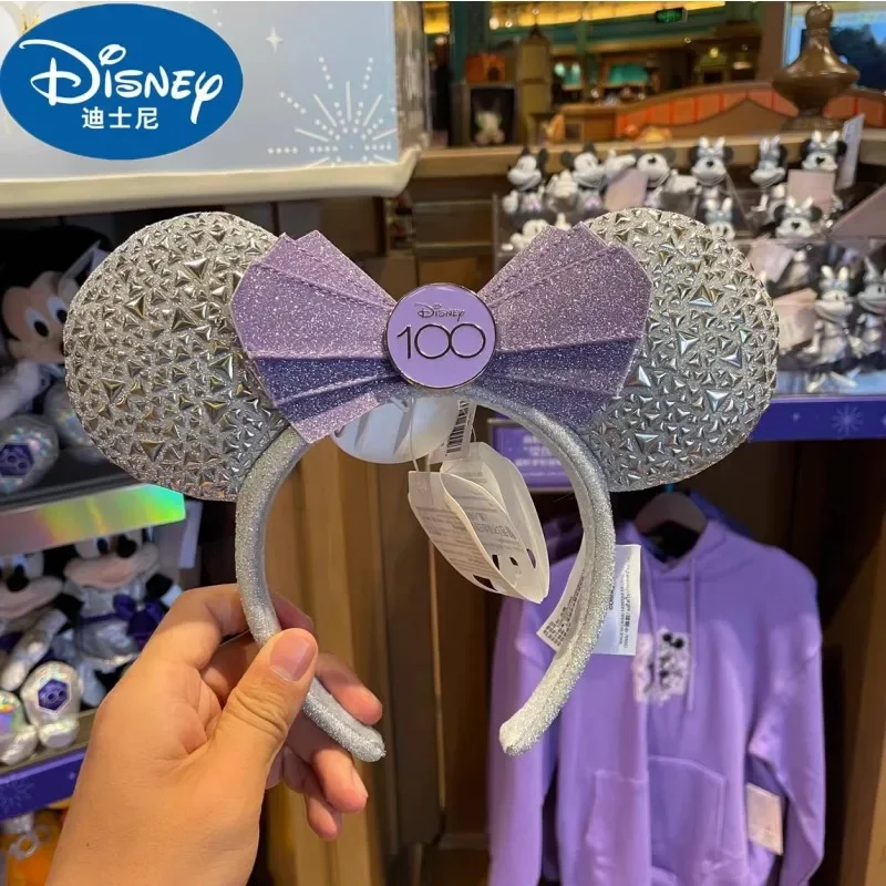 Disney 100th Anniversary Hairband Headband Shanghai Disneyland Silver Mickey Minnie Ear Headdress+Rivet Head Hoop Purple Gift