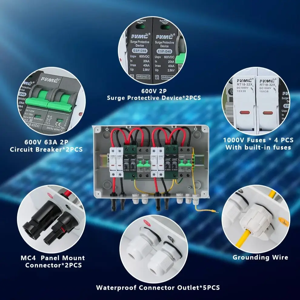 2 In 2 Out DC600V Solar PV Combiner Box, IP65 Waterproof, Lightning Protection, 32A Fuse, MCB SPD, Photovoltaic Distribution Box view 2