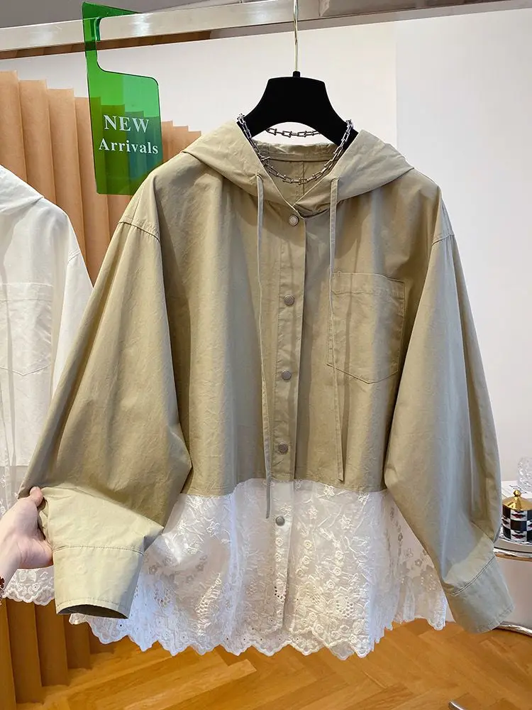 

OCEANLOVE Woman Shirts&blouses Hooded Lace Patchwork Elegant Blusas Mujer Solid Spring Autumn Korean Fashion Loose Camisas