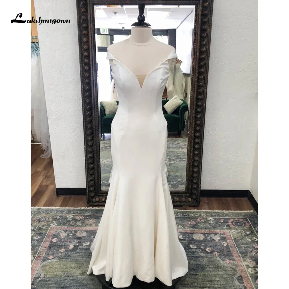 

Simple Sexy V Neck Off the Shoulder Back Button Satin Mermaid Wedding Dress For Women Boho Bridal Gowns Sweep Vestidos De NoviaC