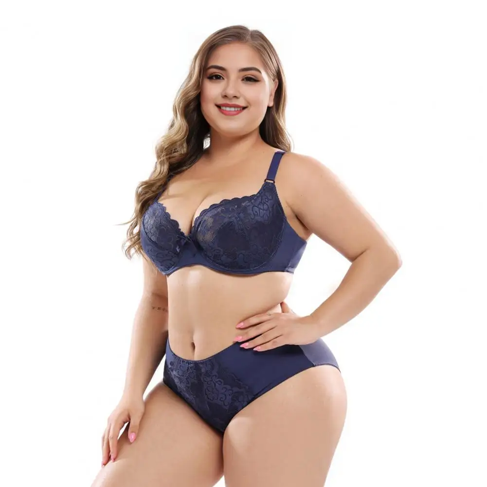 Women E-cup Bra Set Elegant Lace Plus Size Women\'s Underwear Set with Adjustable Straps Push-up Wireless Bra High for Comfort